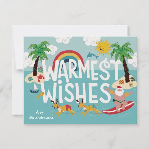 Warmest Wishes Funny Surfing Santa and Beach Holiday Card