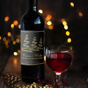 Warmest Wishes Gold & Black Christmas Trees Wine Label
