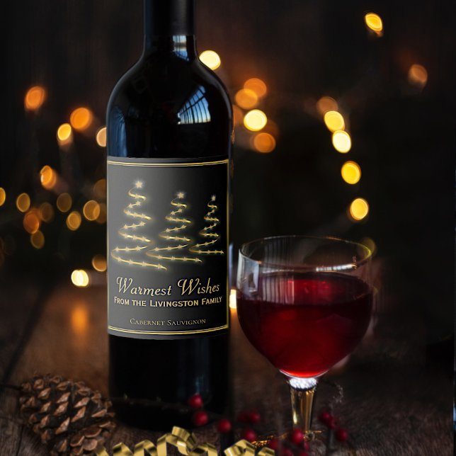 Warmest Wishes Gold & Black Christmas Trees Wine Label (In Situ with Glass)