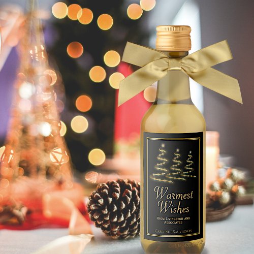 Warmest Wishes Gold  Black Holiday Trees Mini Wine Label