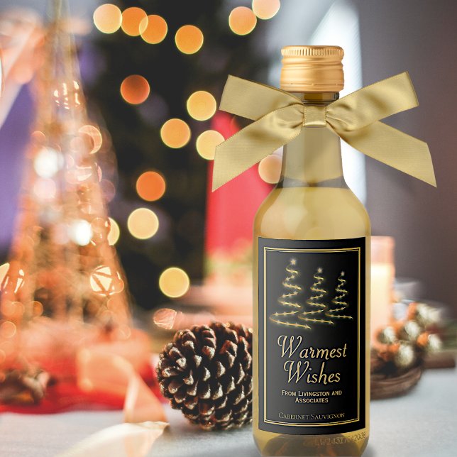 Warmest Wishes Gold & Black Holiday Trees Mini Wine Label (In Situ with Bow)