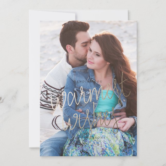 WARMEST WISHES GOLD photo christmas greeting card (Front)