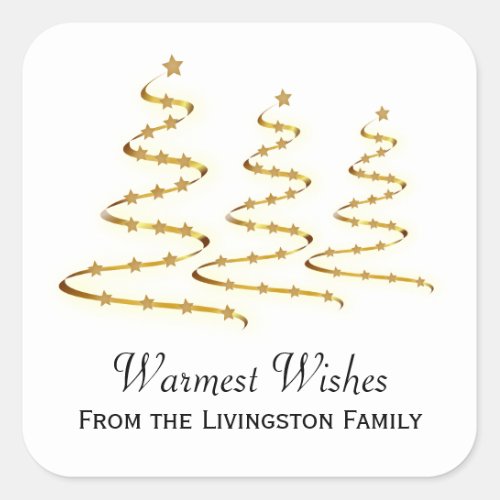 Warmest Wishes Gold Ribbon Christmas Trees Square Sticker