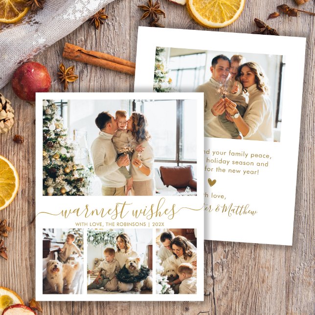 Warmest Wishes Gold Script 4 Photo Christmas Card (Creator Uploaded)
