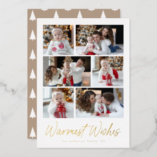 Warmest Wishes Gold Script 6 Photo Collage Foil Holiday Card