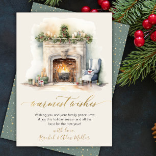 Warmest Wishes Gold Script Fireplace Non Photo Holiday Card
