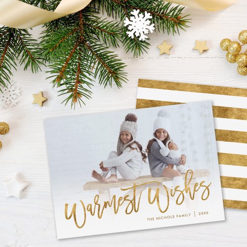 Warmest Wishes Gold Script Photo Overlay Holiday Card