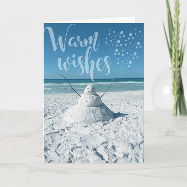 Warmest Wishes holiday card tropical beach snowman (Front)