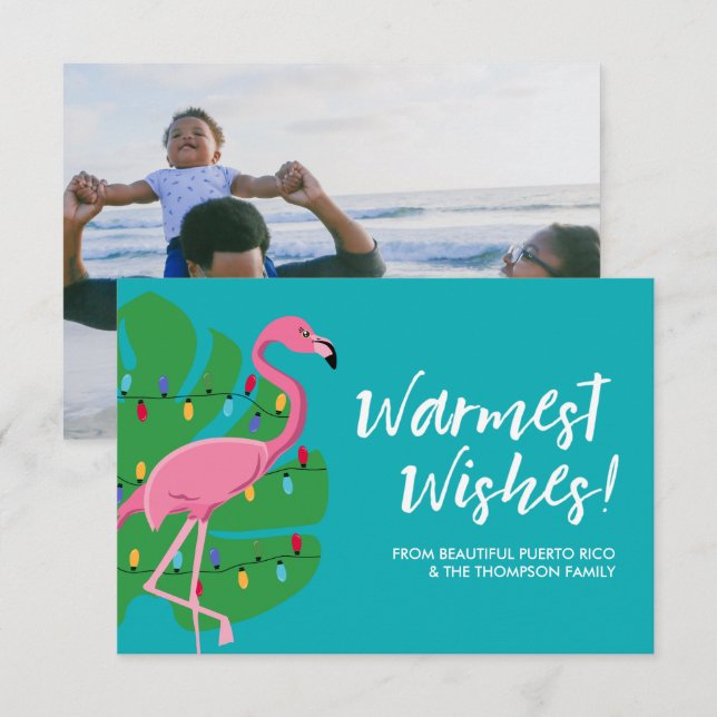 Warmest Wishes Holiday Flamingo blue Custom Photo Card (Front/Back)