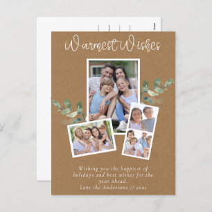 Warmest Wishes Kraft Eucalyptus Photo Collage  Holiday Postcard
