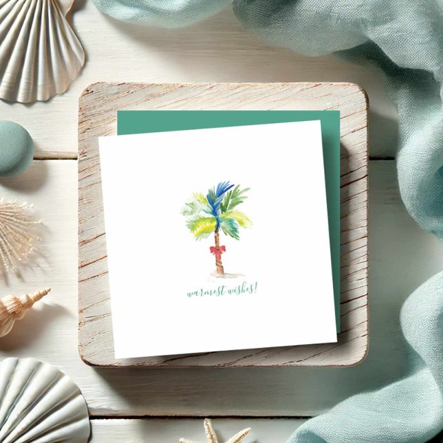Warmest Wishes Mini Christmas Palm Tree Note Card (Tropical watercolor Christmas cards feature palm tree and red ribbon art by Victoria Grigaliunas)