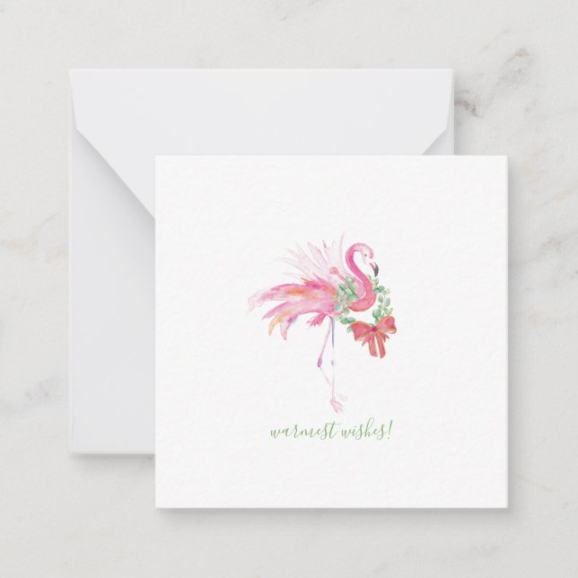 Warmest Wishes Mini Pink Flamingo Christmas Note Card (Front)