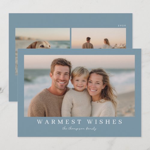 Warmest Wishes Modern Holiday Photo - Dusty Blue Card