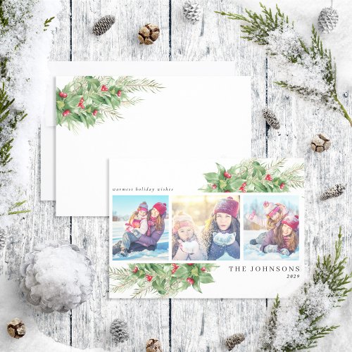 Warmest Wishes Modern Holly Berry Botanical Photo Holiday Card