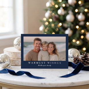 Warmest Wishes Modern Photo - Navy Blue Foil Holiday Card