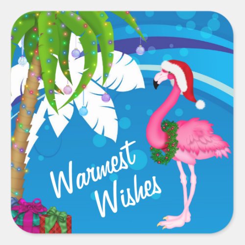 Warmest Wishes Palm Trees Flamingo Beach Christmas Square Sticker