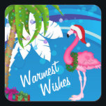Warmest Wishes Palm Trees Flamingo Beach Christmas Square Sticker<br><div class="desc">This Warmest Wishes holiday sticker design features palm trees decorated with Christmas lights and a flamingo wearing a Santa hat set against a cool blue and white abstract beach background. 
Some graphics by artwork&@delightful-doodles.com *</div>