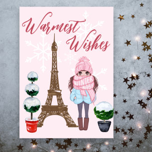 Warmest Wishes Paris Eiffel Tower Pink Christmas Holiday Card
