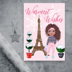 Warmest Wishes Paris Eiffel Tower Pink Christmas Holiday Card