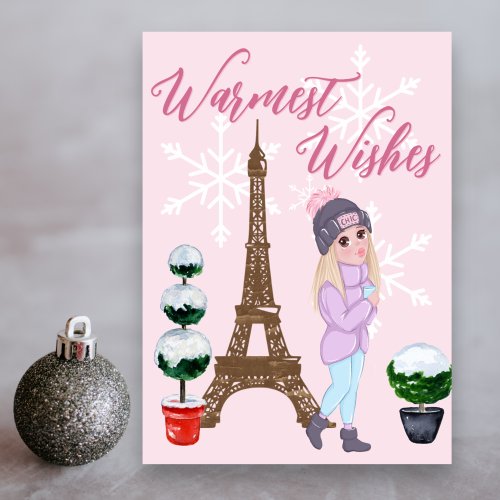 Warmest Wishes Paris Eiffel Tower Pink Christmas Holiday Card