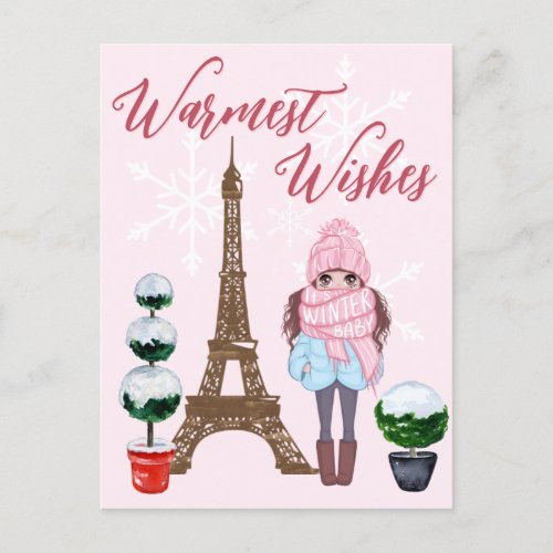 Warmest Wishes Paris Eiffel Tower Pink Christmas Postcard
