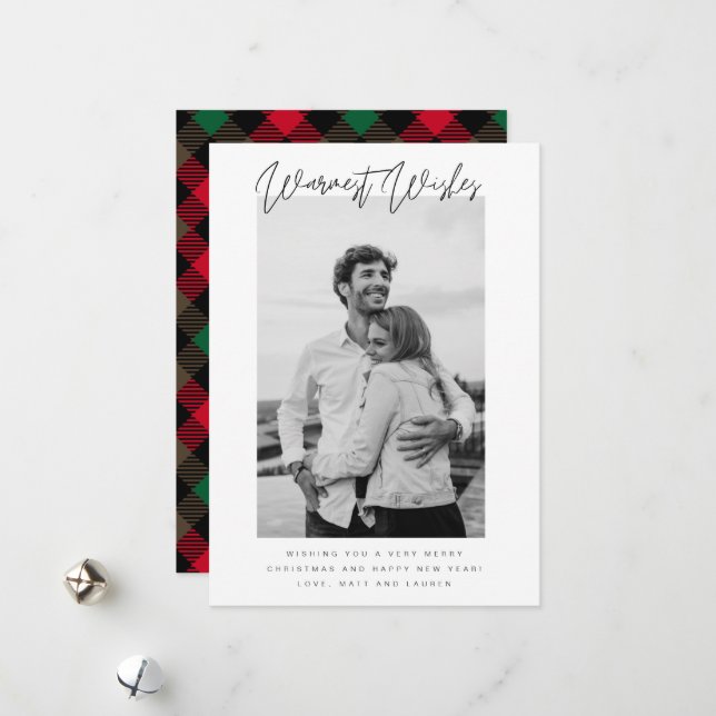 Warmest Wishes Photo Minimalist Christmas Holiday Card (Front/Back In Situ)