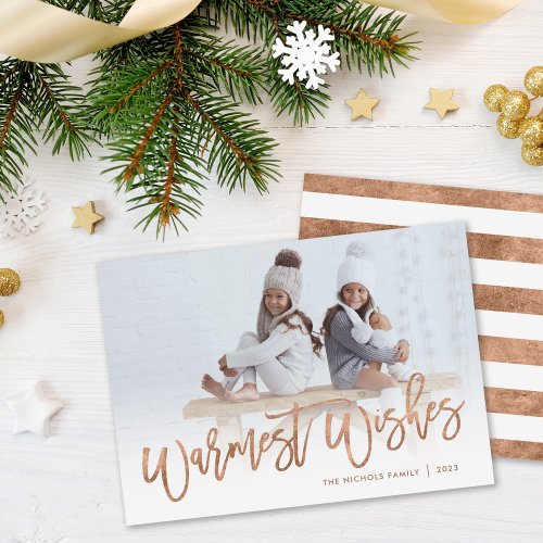 Warmest Wishes Rose Gold Script Photo Overlay Holiday Card