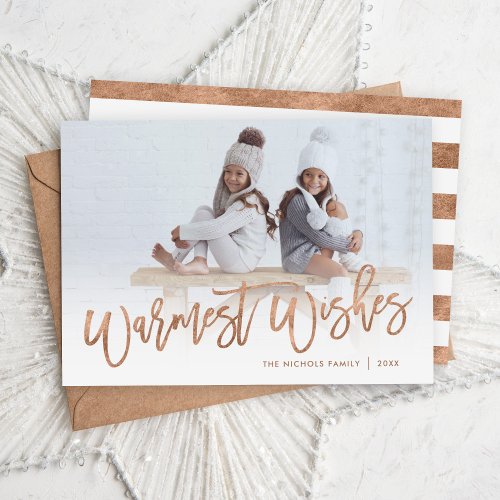 Warmest Wishes Rose Gold Script Photo Overlay Holiday Card