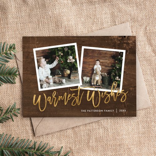 Warmest Wishes Rustic Gold Script Photo Holiday Card