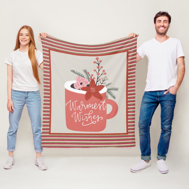 Warmest Wishes Rustic Retro Floral & Stripes Fleece Blanket (In Situ)
