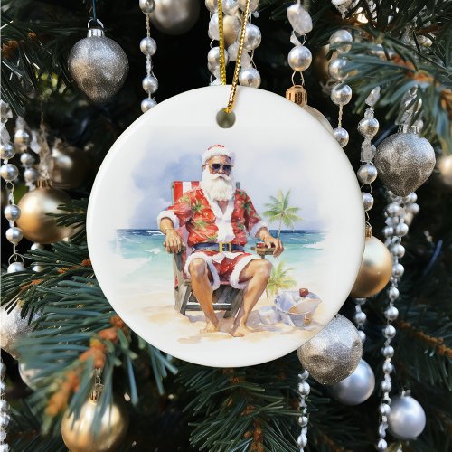 Warmest Wishes Santa at the Beach Ceramic Ornament