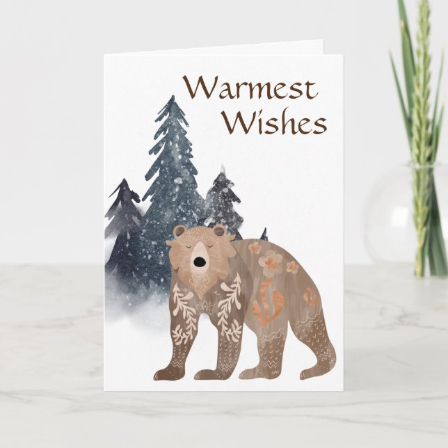 Warmest Wishes Scandi Bear in Forest Christmas Card (Front)