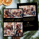 Warmest Wishes Script 5 Photo Collage Christmas Holiday Card<br><div class="desc">Modern Black and Gold 5 Photo Collage "Warmest Wishes" Script Christmas Card. This minimalist holiday card design features a 5-photo grid collage on the front and an additional photo on the back. The "Warmest Wishes" greeting is beautifully hand-lettered in elegant gold calligraphy on a sleek black background, adding a stylish...</div>