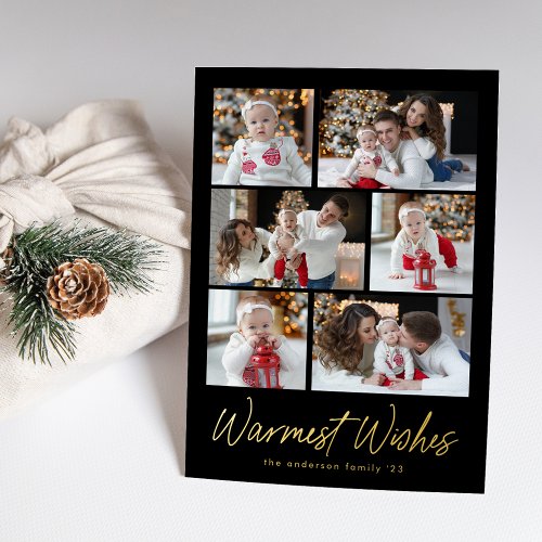 Warmest Wishes Script Black 6 Photo Collage Foil Holiday Card