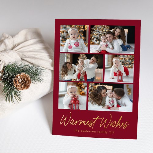 Warmest Wishes Script Cranberry 6 Photo Collage Foil Holiday Card