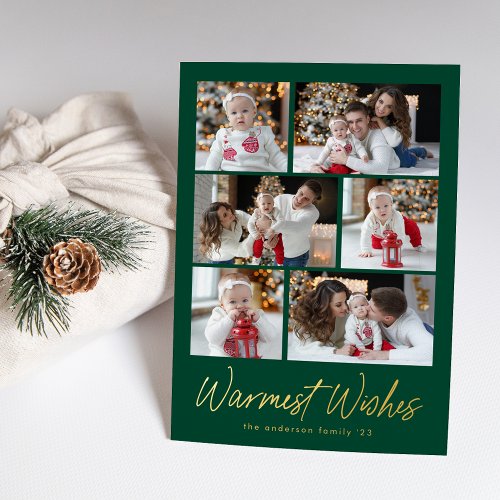 Warmest Wishes Script Green 6 Photo Collage Foil Holiday Card