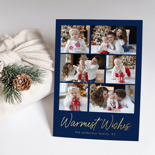 Warmest Wishes Script Navy 6 Photo Collage Foil Holiday Card