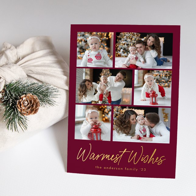 Warmest Wishes Script Purple 6 Photo Collage Foil Holiday Card (Creator Uploaded)