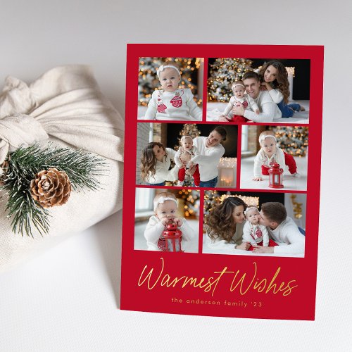 Warmest Wishes Script Red 6 Photo Collage Foil Holiday Card