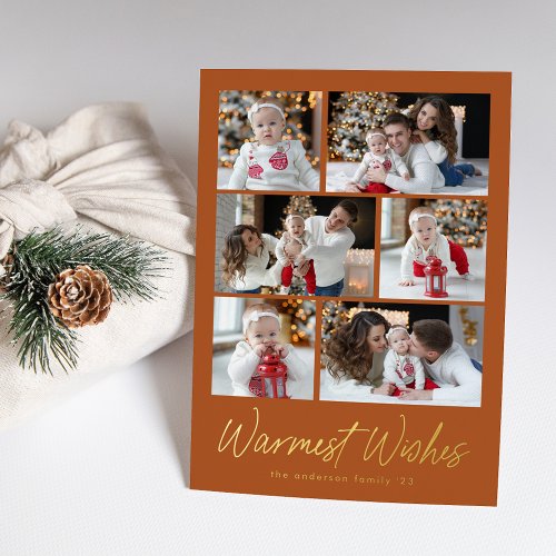 Warmest Wishes Script Terracotta 6 Photo Collage Foil Holiday Card