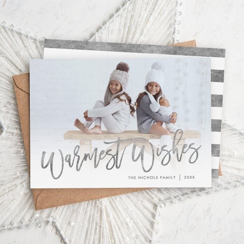 Warmest Wishes Silver Script Photo Overlay Holiday Card