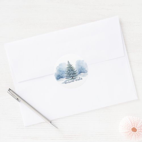 Warmest Wishes Snow Covered Evergreen Tree Classic Round Sticker