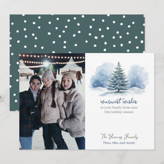Warmest Wishes Snow Covered Evergreen Tree Holiday Card (Front/Back)