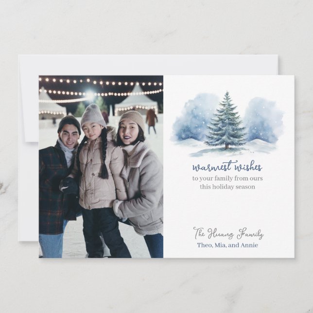 Warmest Wishes Snow Covered Evergreen Tree Holiday Card (Front)