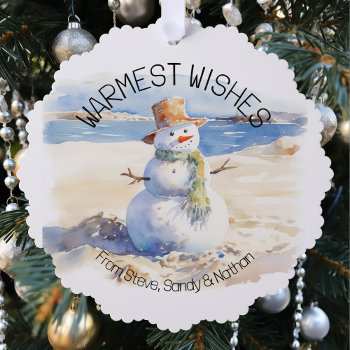 Warmest Wishes Snowman Beach Sand  Ornament Card by ColorFlowCreations at Zazzle