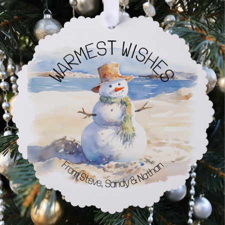 Warmest Wishes Snowman Beach Sand  Ornament Card
