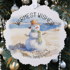 Warmest Wishes Snowman Beach Sand  Ornament Card at Zazzle