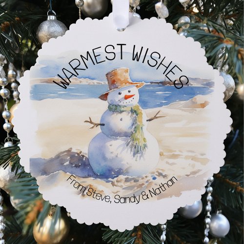 Warmest Wishes Snowman Beach Sand  Ornament Card