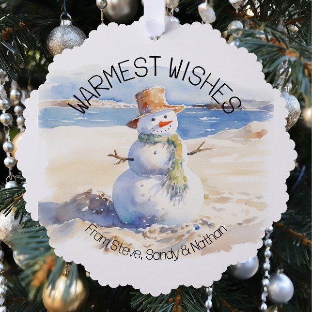 Warmest Wishes Snowman Beach Sand  Ornament Card (Creator Uploaded)
