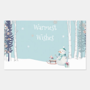 Warmest Wishes Snowman with Sled Snowing Teal Rectangular Sticker